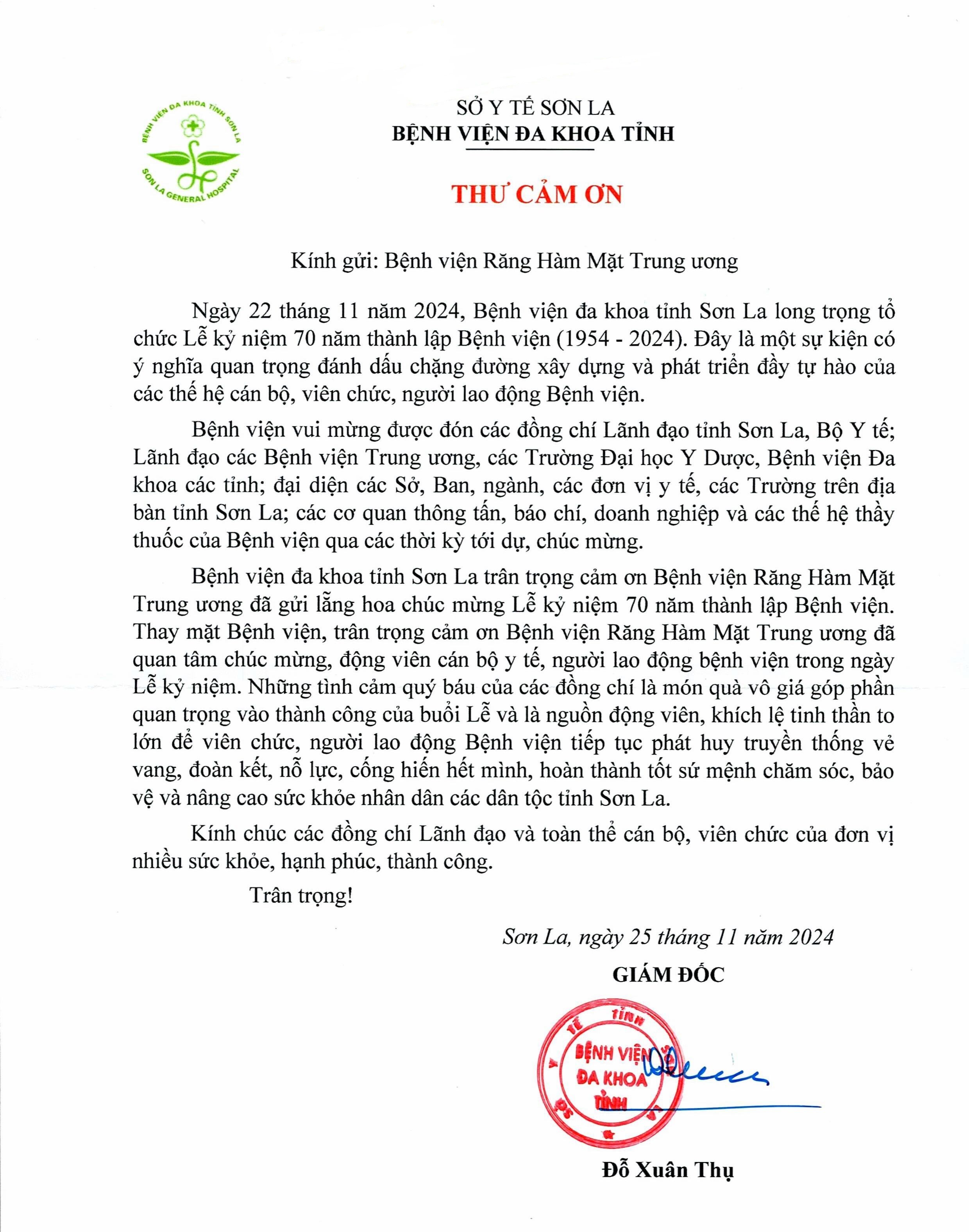 THƯ CẢM ƠN TỪ BỆNH VIỆN ĐA KHOA TỈNH SƠN LA